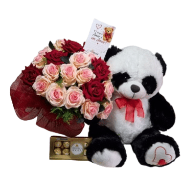 Kit Meu Amor é um AMOR- Buquê c/ 30 rosas importadas + Panda G + chocolate Ferreto 100grs (pode ser todo vermelho)