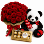 Kit Buquê c/ 50 rosas + Panda G + chocolate Ferreto 100grs 08 bombons